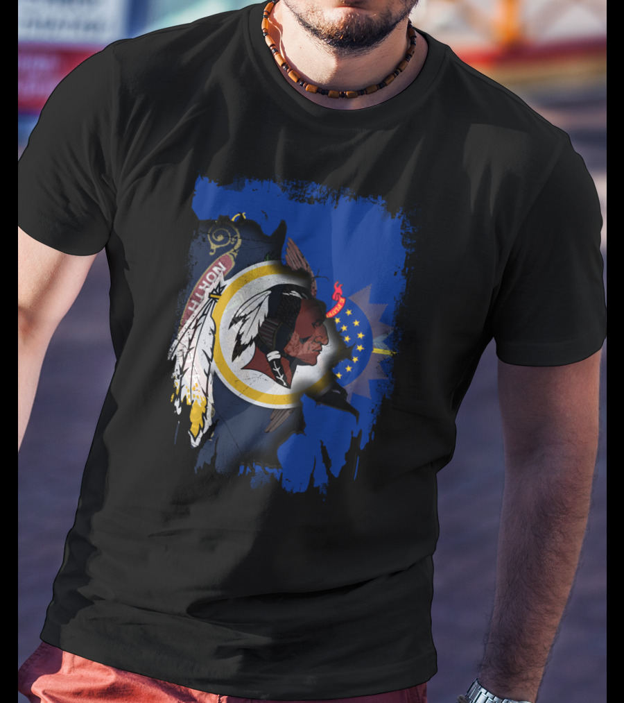 North Dakota Pride With Redskins Symbol On Blue T-Shirt