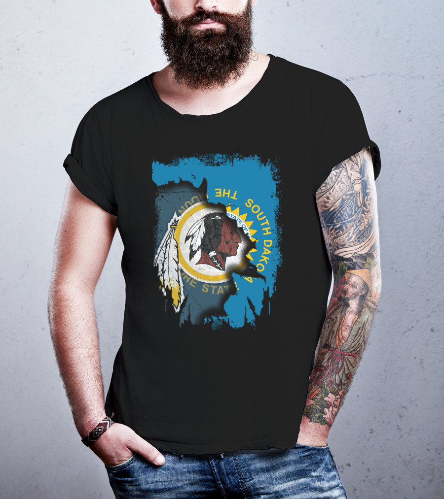 South Dakota State Flag Blended With Redskins T-Shirt