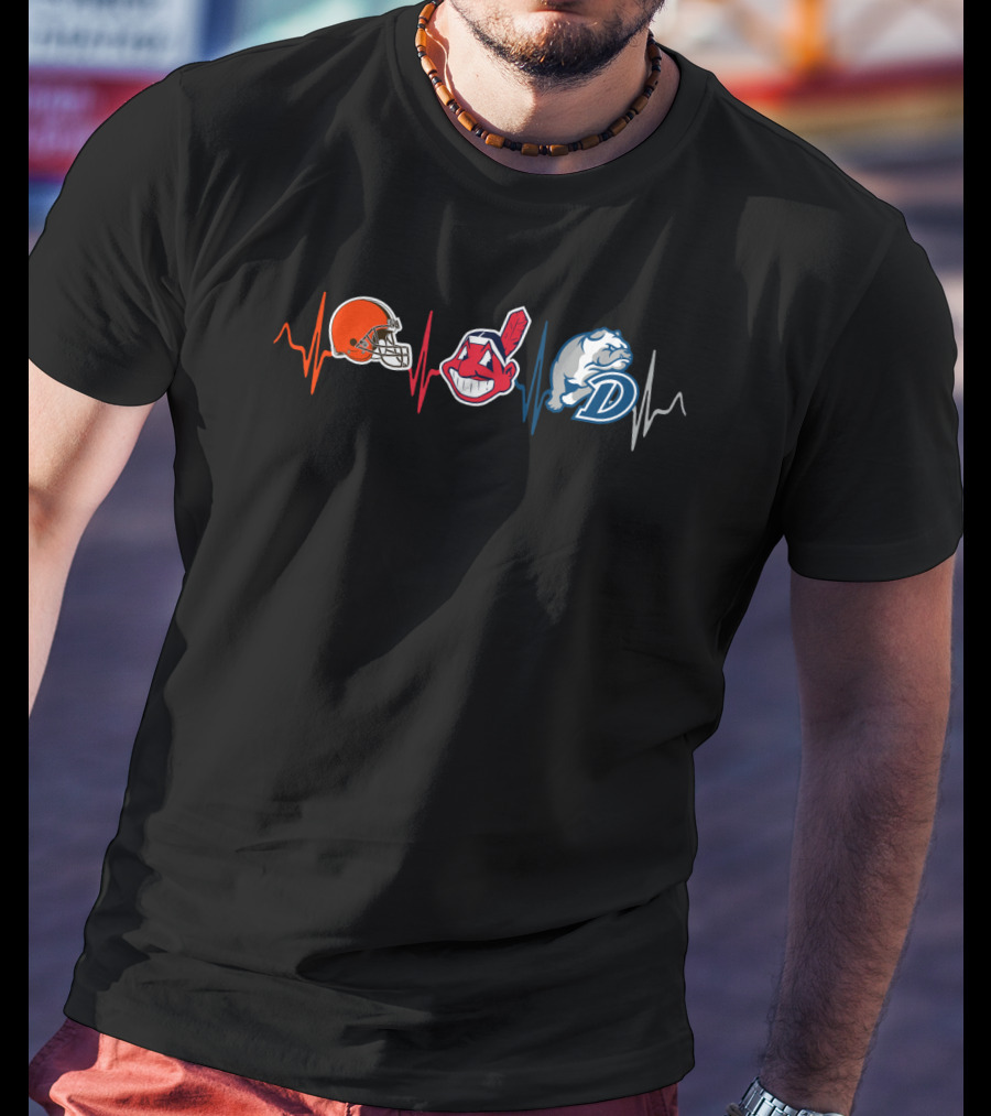 Love Browns Indians Bulldogs Heartbeat T-Shirt