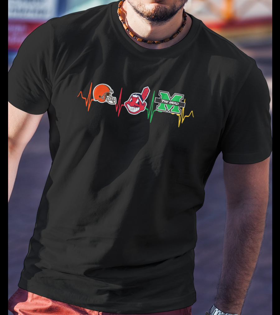Cleveland Browns Indians Marshall Thundering Herd Heartbeat T-Shirt