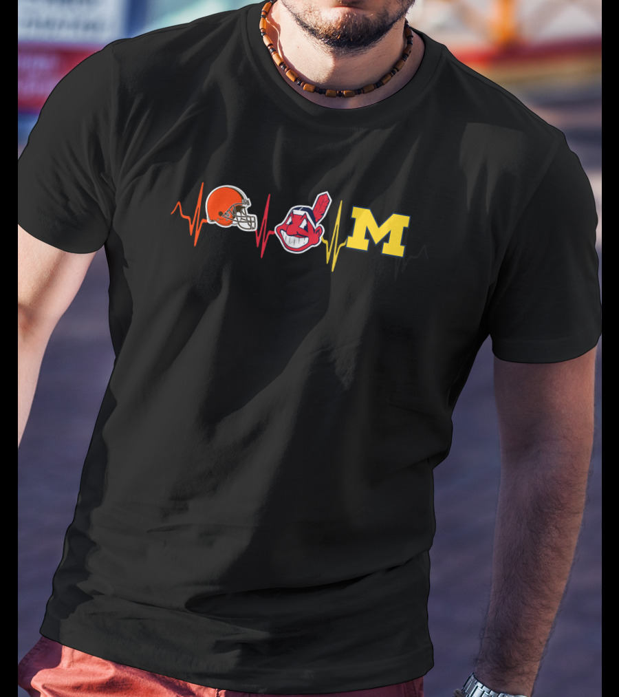 Cleveland Browns Indians Logo Michigan Wolverines Heartbeat T-Shirt