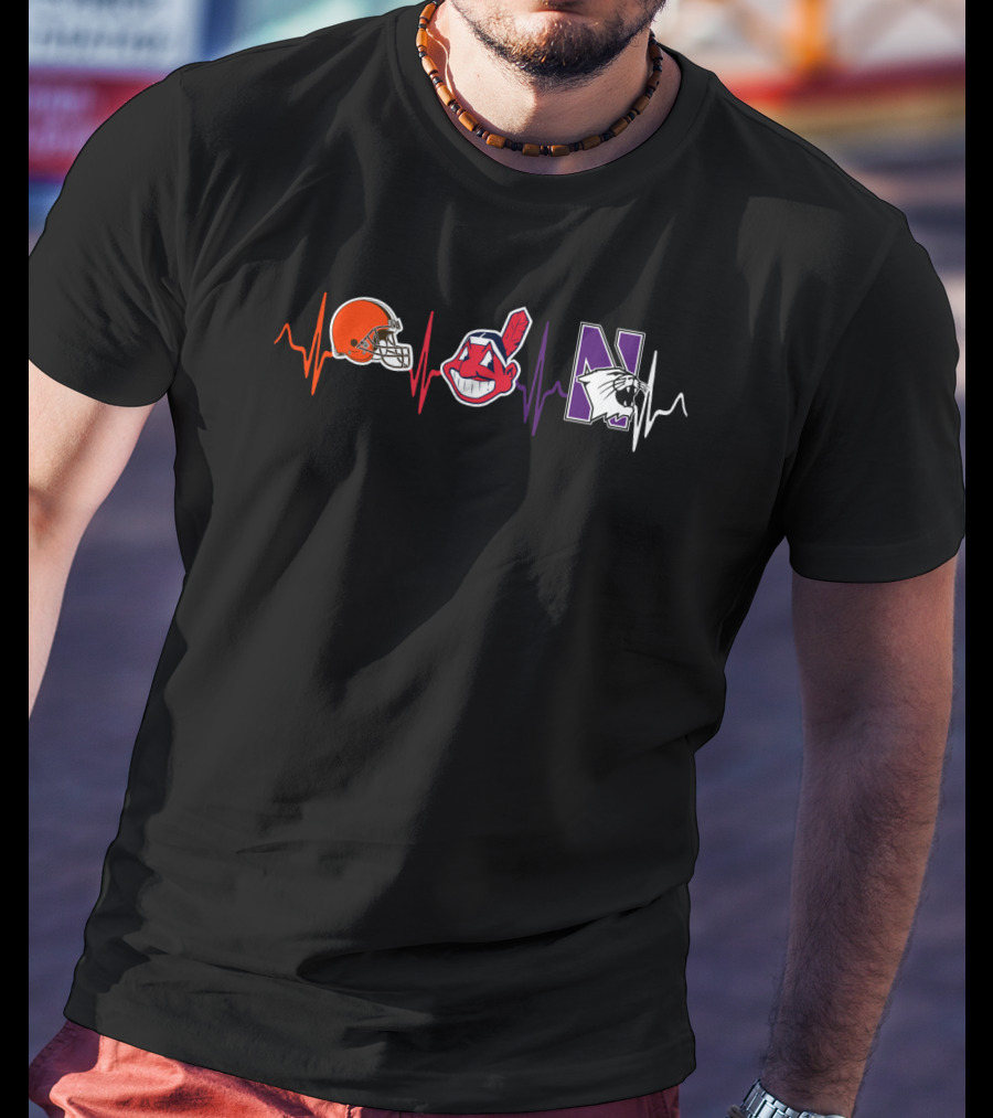 Cleveland Browns Indians Northwestern Wildcats Heartbeat T-Shirt