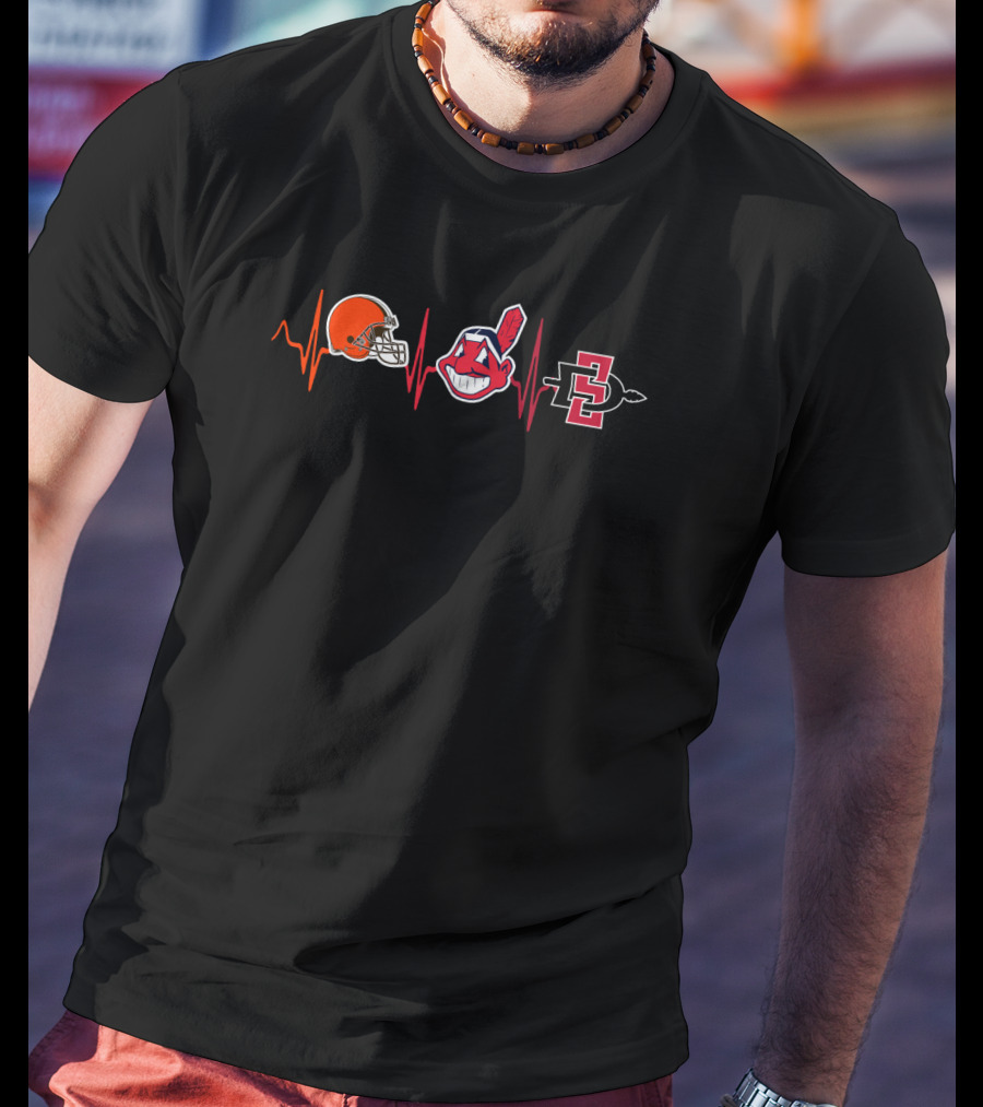 Cleveland Browns Cleveland Indians San Diego State Aztecs Heartbeat Logos T-Shirt