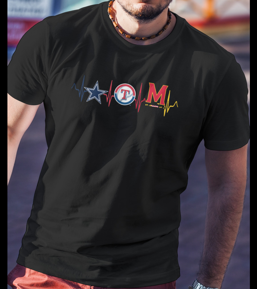 Dallas Cowboys Texas Rangers Maryland Terrapins Ekg Heartbeat T-Shirt