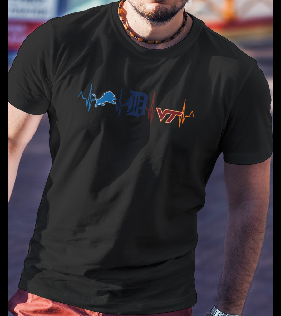 Detroit Lions Detroit Tigers Virginia Tech Vth Heartbeat T-Shirt