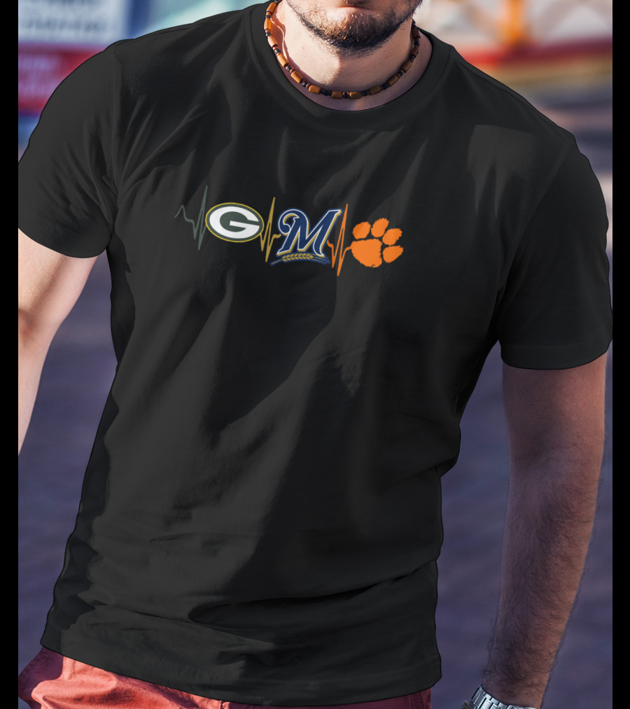 Love Packers Brewers Clemson Heartbeat T-Shirt