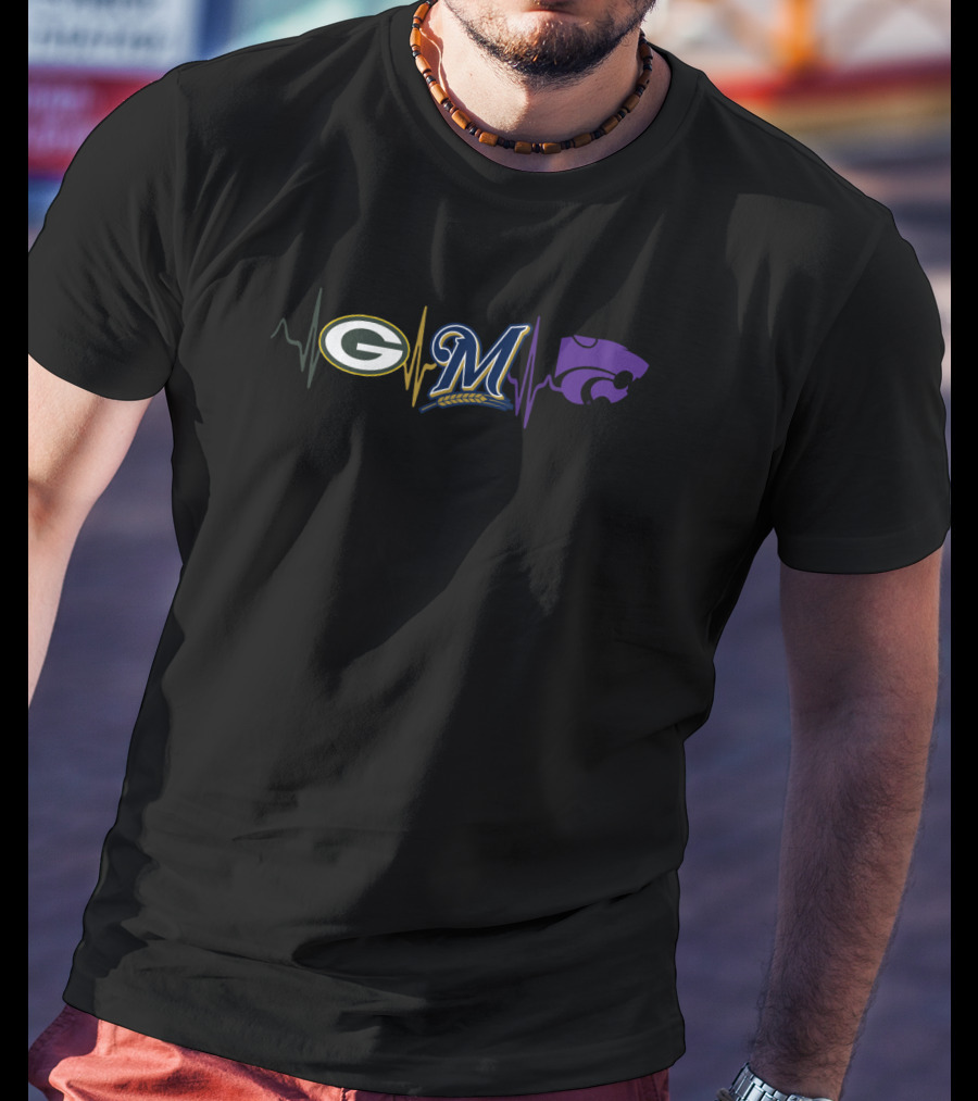 Green Bay Packers Milwaukee Brewers Kansas State Wildcats Fan Heartbeat T-Shirt