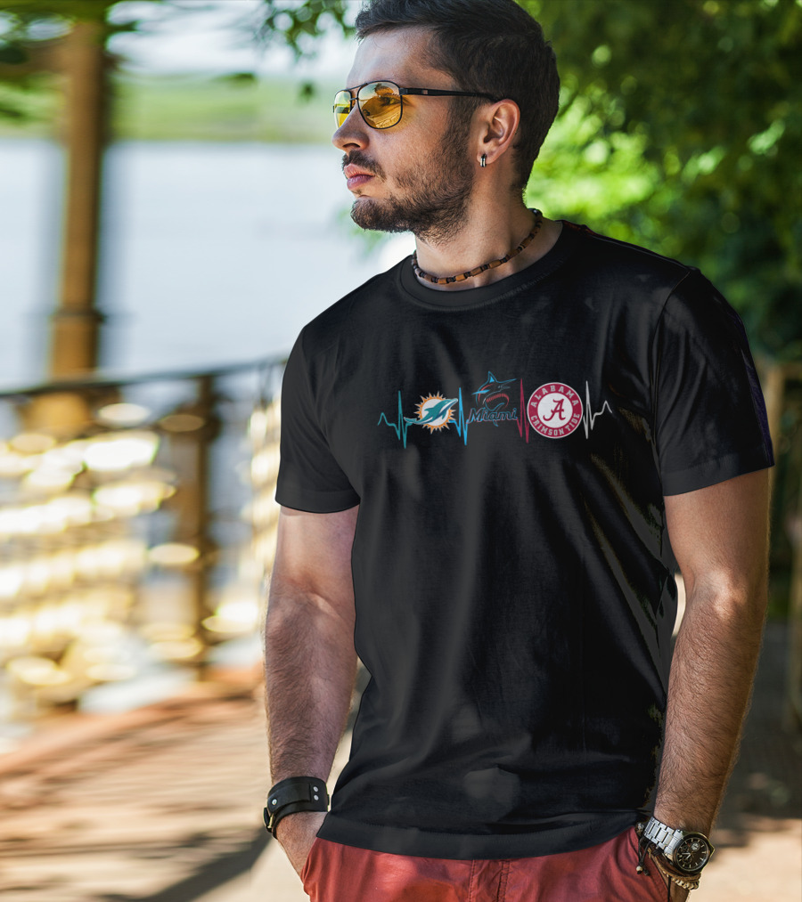 Miami Dolphins Miami Marlins Alabama Crimson Tide Heartbeat T-Shirt
