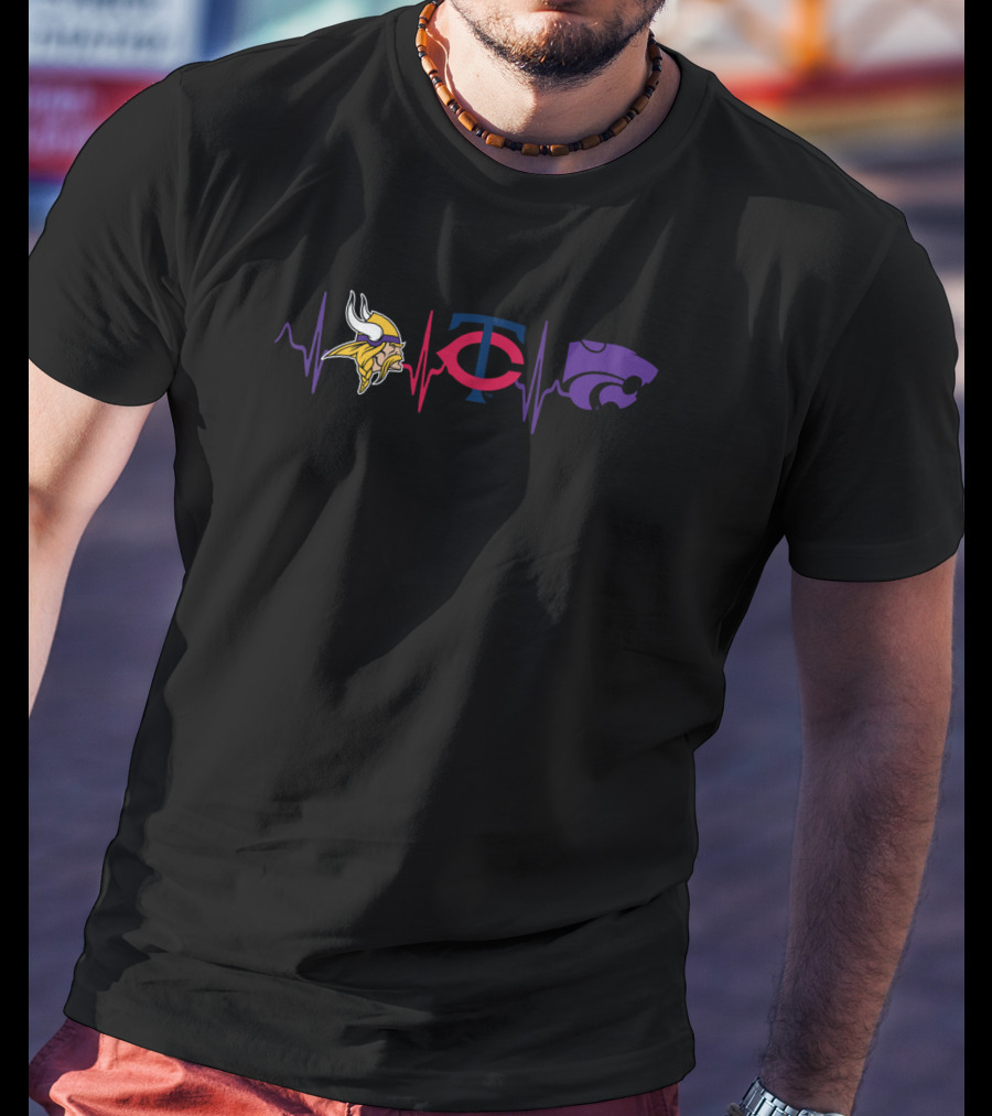 Love Vikings With Twins And Kansas State Wildcats Heartbeat T-Shirt
