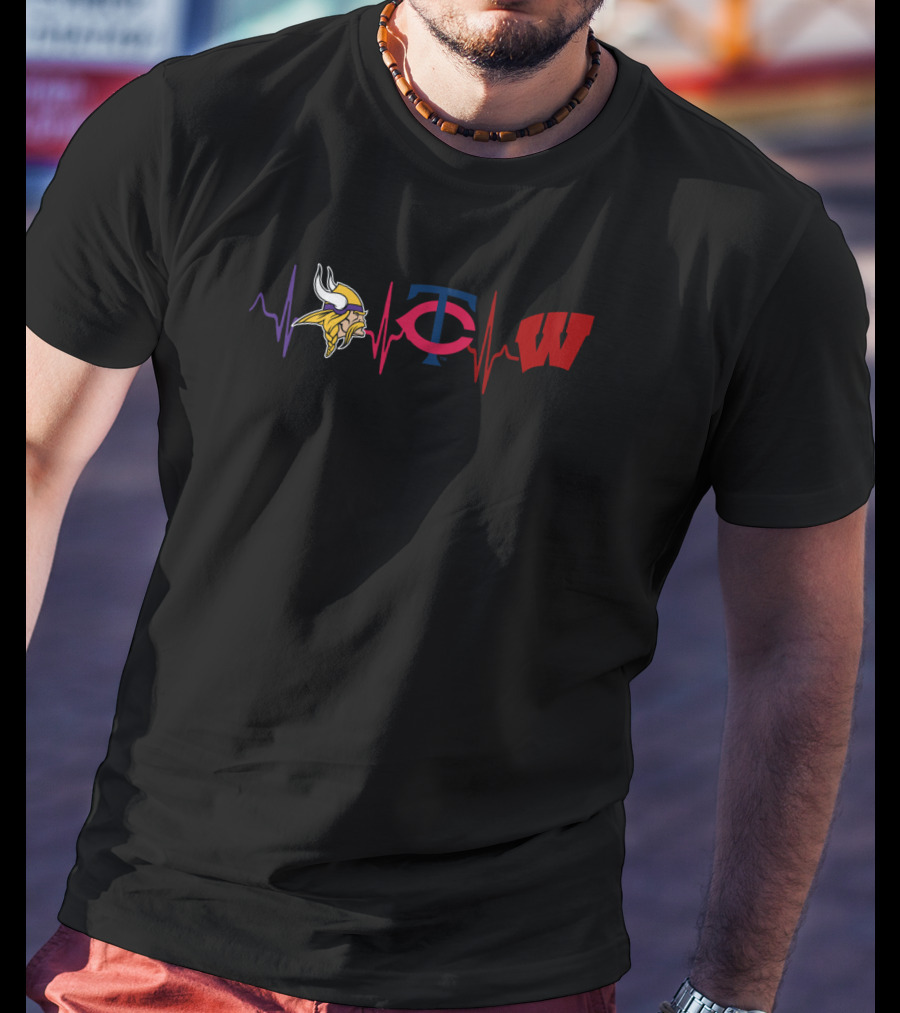 Love Vikings Minnesota Twins Wisconsin Badgers Heartbeat T-Shirt