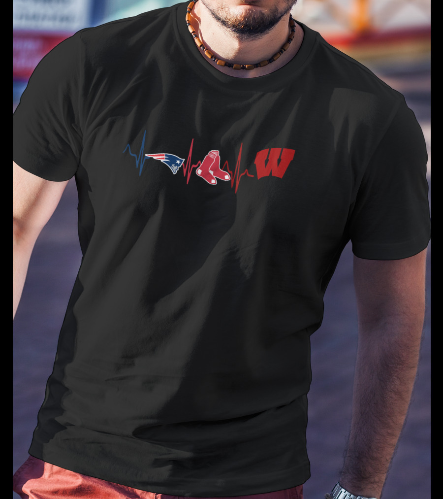 Love Patriots Red Sox Wisconsin Badgers Heartbeat Line T-Shirt