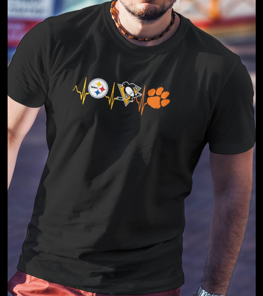 Steelers Penguins Heartbeat With Clemson Tigers Paw Print Ct T-Shirt