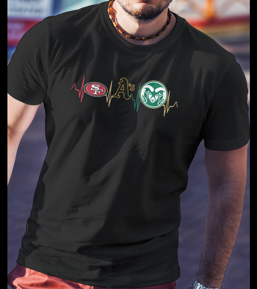 49ers Heartbeat With Athletics And Rams Logos T-Shirt