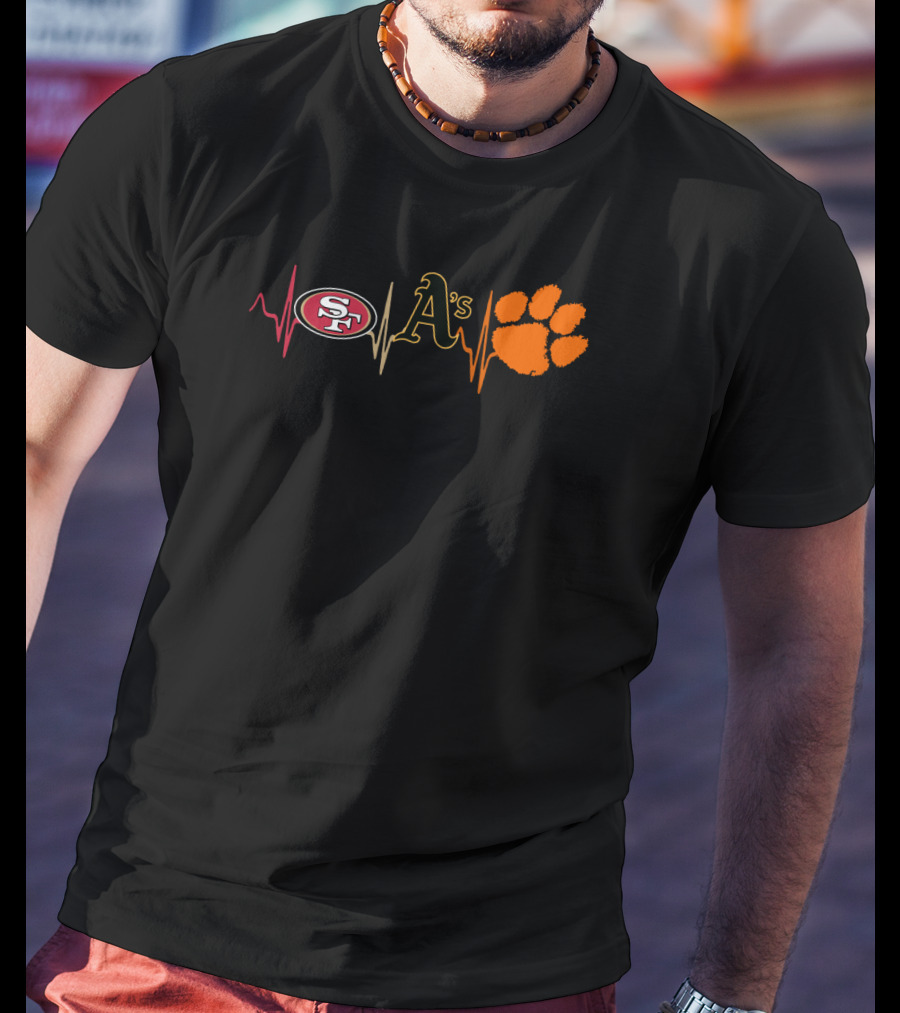 49ers Logo With Athletics A's And Paw On Heartbeat Line T-Shirt