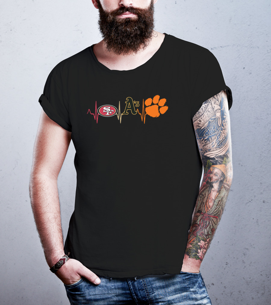 49ers Logo With Athletics A's And Paw On Heartbeat Line T-Shirt