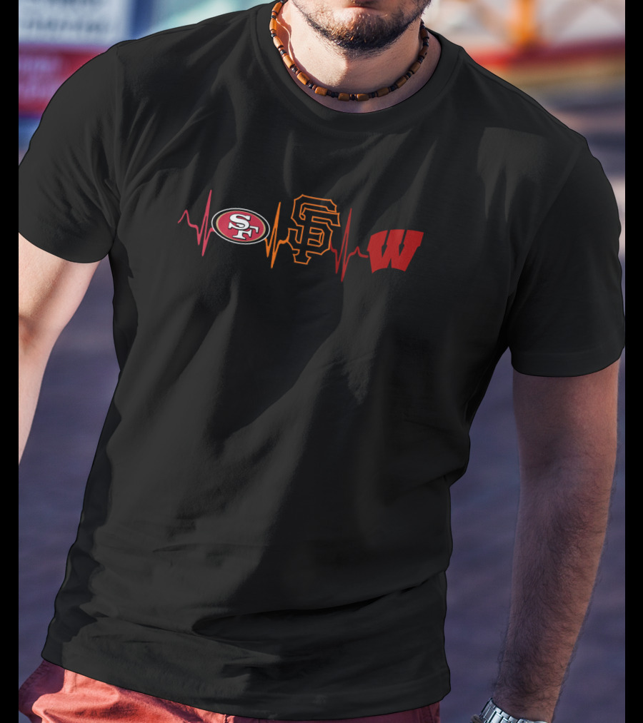 Love 49ers Giants Wisconsin Badgers Logos With Heartbeat Lines T-Shirt