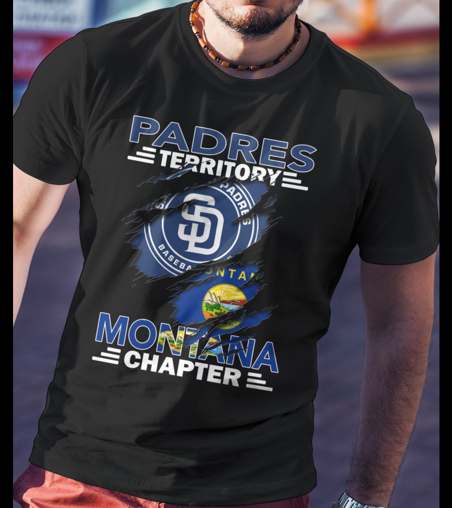 Padres Territory Montana Chapter SD Baseball Logo And Montana Flag Burst T-Shirt