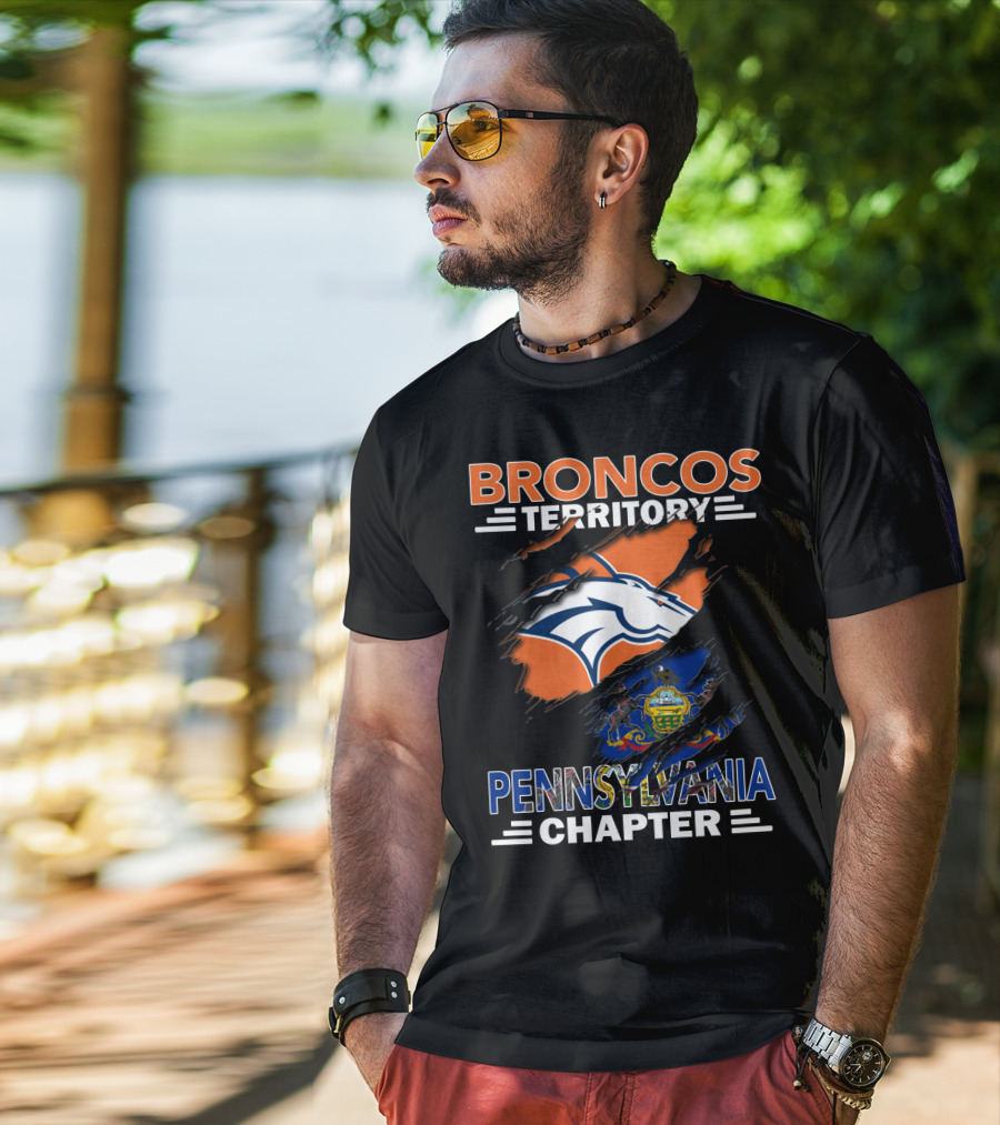 Broncos Territory Pennsylvania Chapter Ripped Design With Team Logo And State Flag T-Shirt
