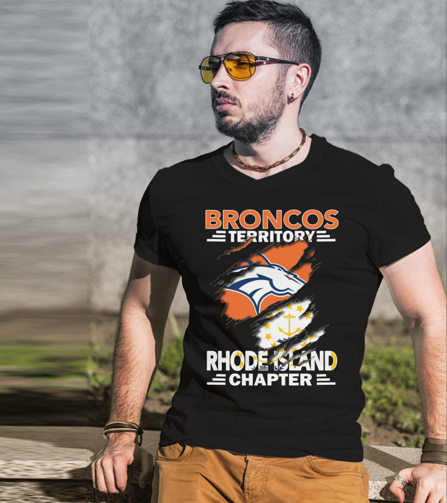 Broncos Territory Rhode Island Chapter Logo With Ripped Flag T-Shirt