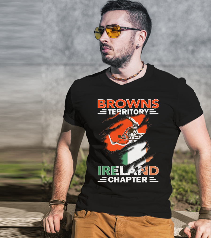 Browns Territory Ireland Chapter Helmet And Irish Flag Background T-Shirt