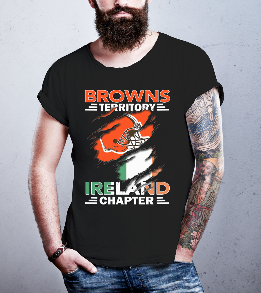 Browns Territory Ireland Chapter Helmet And Irish Flag Background T-Shirt
