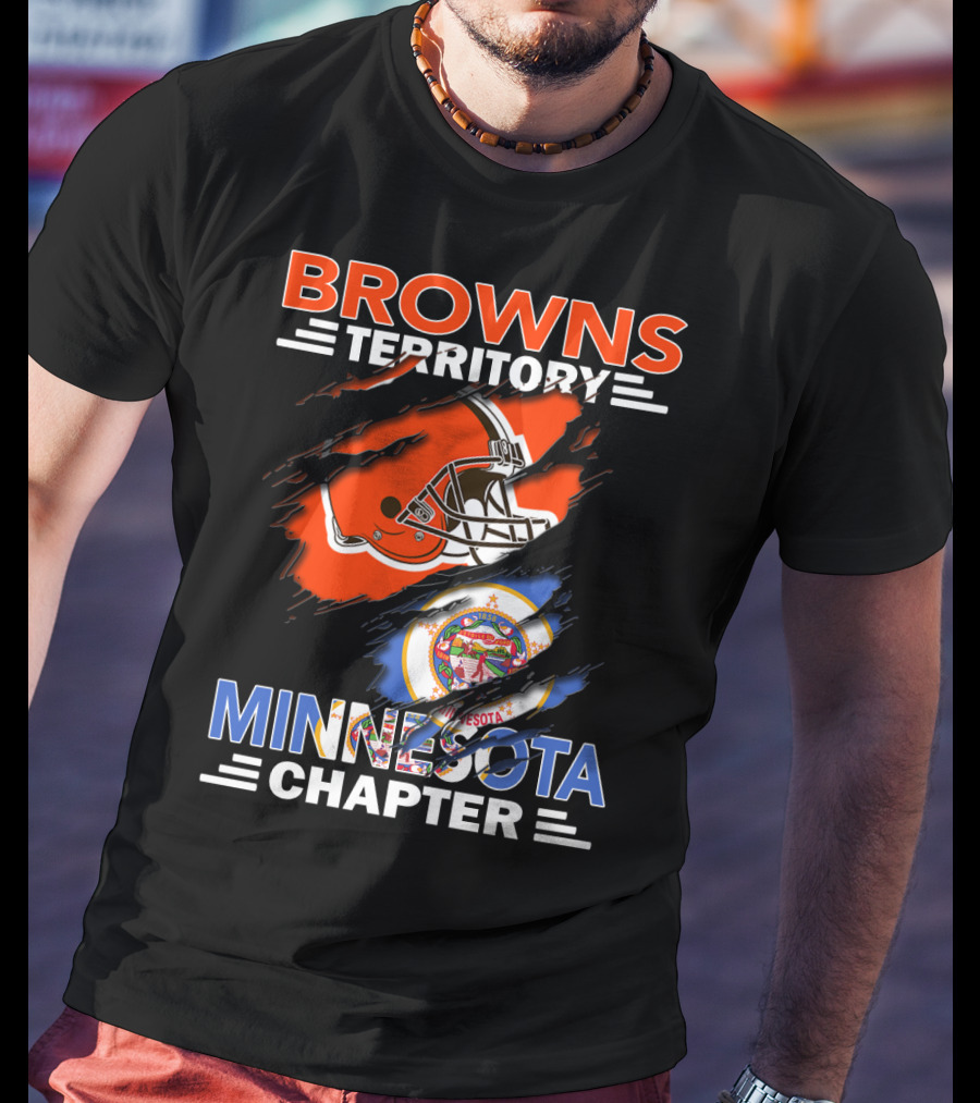 Browns Territory Minnesota Chapter Football Helmet And State Emblem Orange Black Blue Bar Logo Team Flag T-Shirt