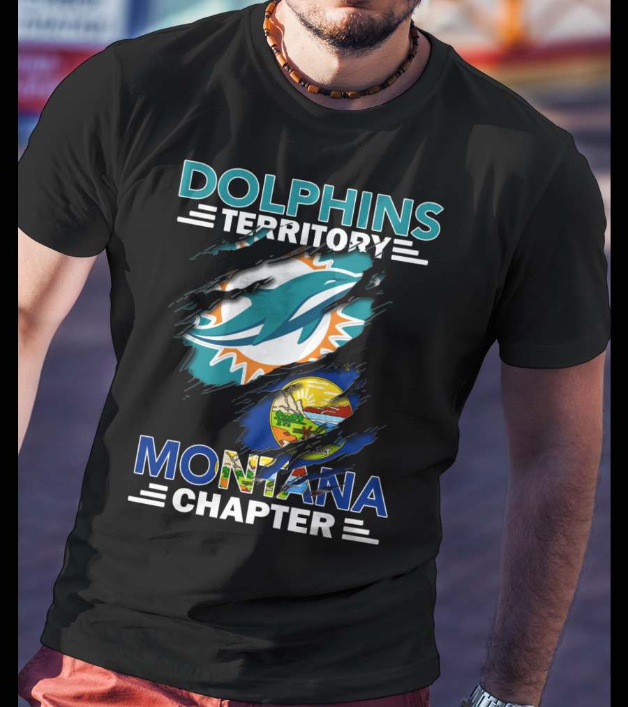 Dolphins Territory Montana Chapter Miami Dolphins Logo With Montana State Flag T-Shirt