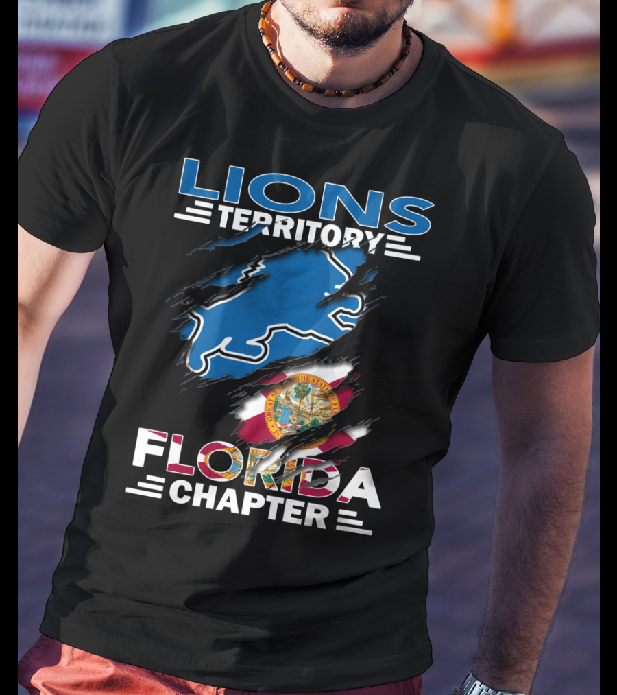 Lions Territory Florida Chapter Blue Lion Outline With Florida State Flag Tear T-Shirt