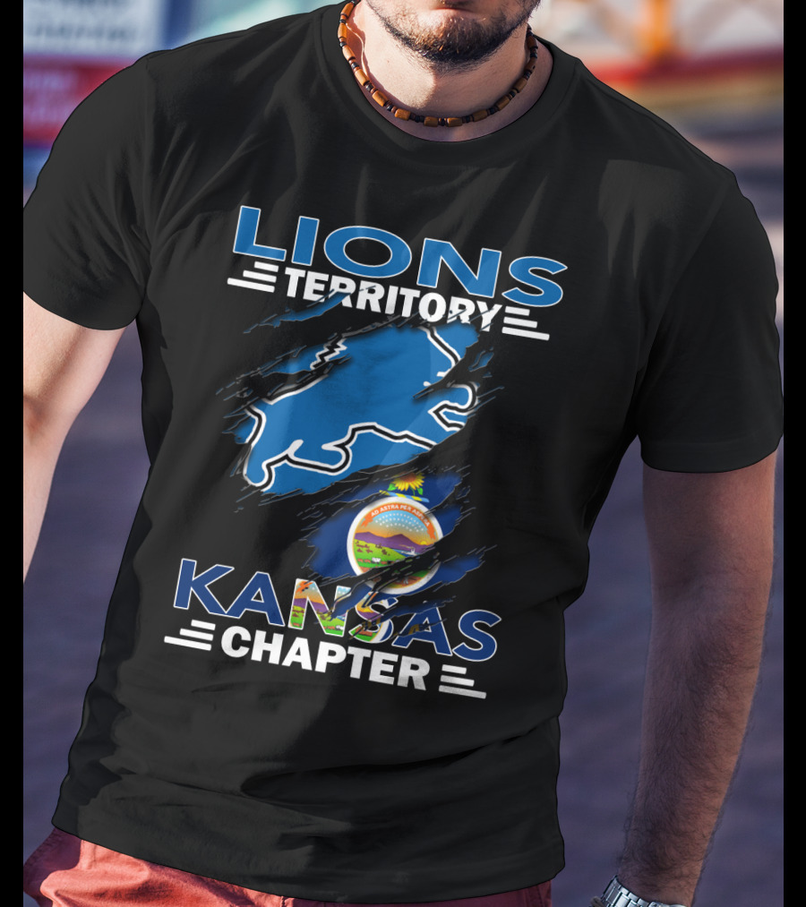 Lions Territory Kansas Chapter With Blue Lion And Kansas Seal T-Shirt
