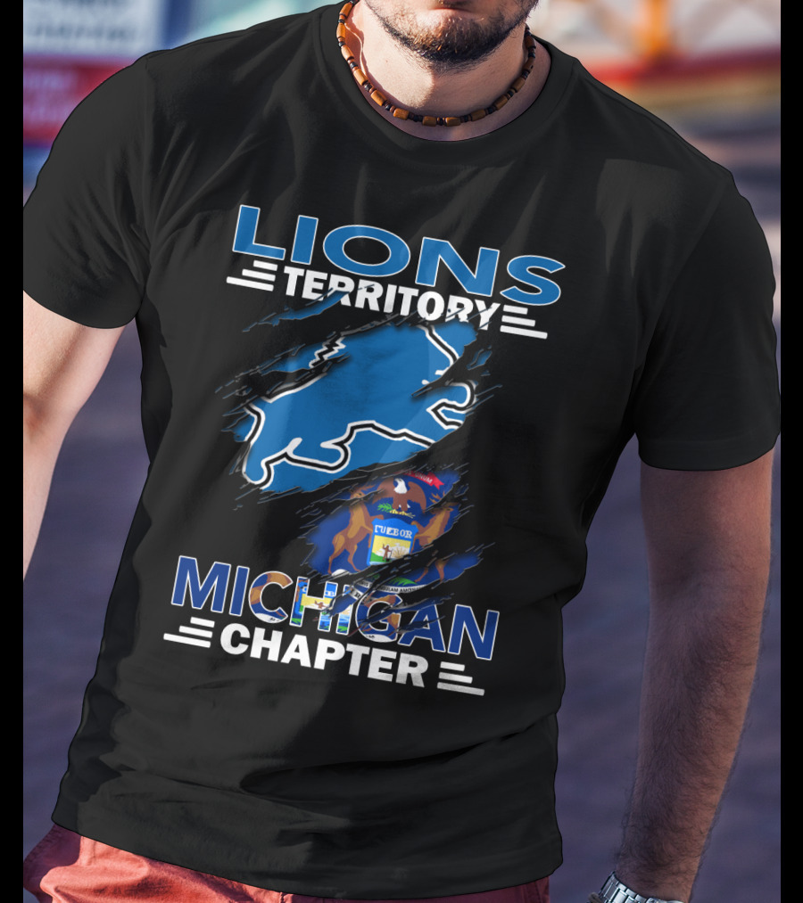 Lions Territory Michigan Chapter Blue Lion Emblem And State Seal T-Shirt