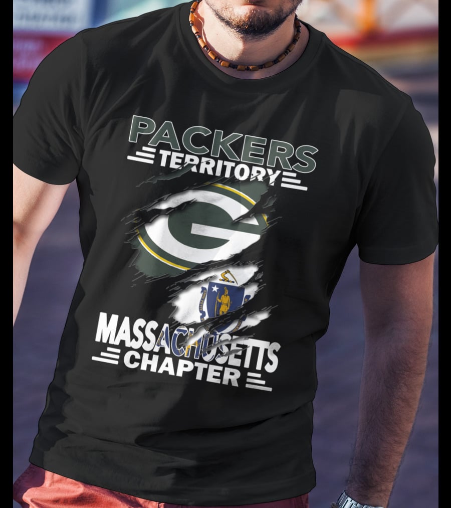 Packers Territory Massachusetts Chapter Green Bay Logo And Massachusetts Flag T-Shirt