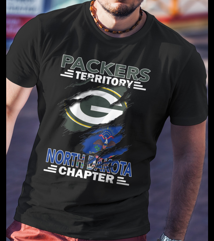 Packers Territory North Dakota Chapter Torn Green Bay G Logo And State Flag T-Shirt
