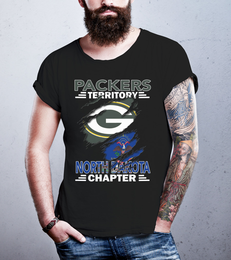 Packers Territory North Dakota Chapter Torn Green Bay G Logo And State Flag T-Shirt