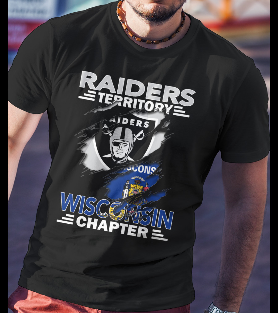 Raiders Territory Wisconsin Chapter NFL Team Fan Club Logo And State Flag Tear T-Shirt