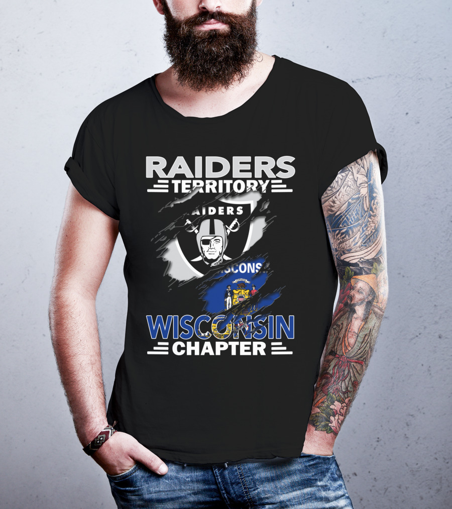 Raiders Territory Wisconsin Chapter NFL Team Fan Club Logo And State Flag Tear T-Shirt