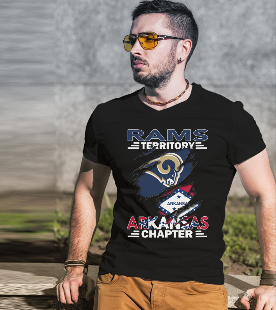 Rams Territory Arkansas Chapter NFL Supporters Logo And Arkansas Flag Integration T-Shirt