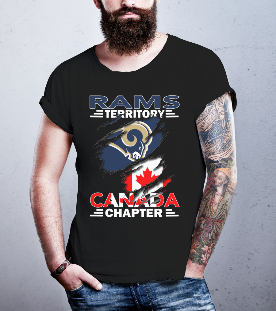 Rams Territory Canada Chapter Logo With Rams And Canadian Flag Elements T-Shirt