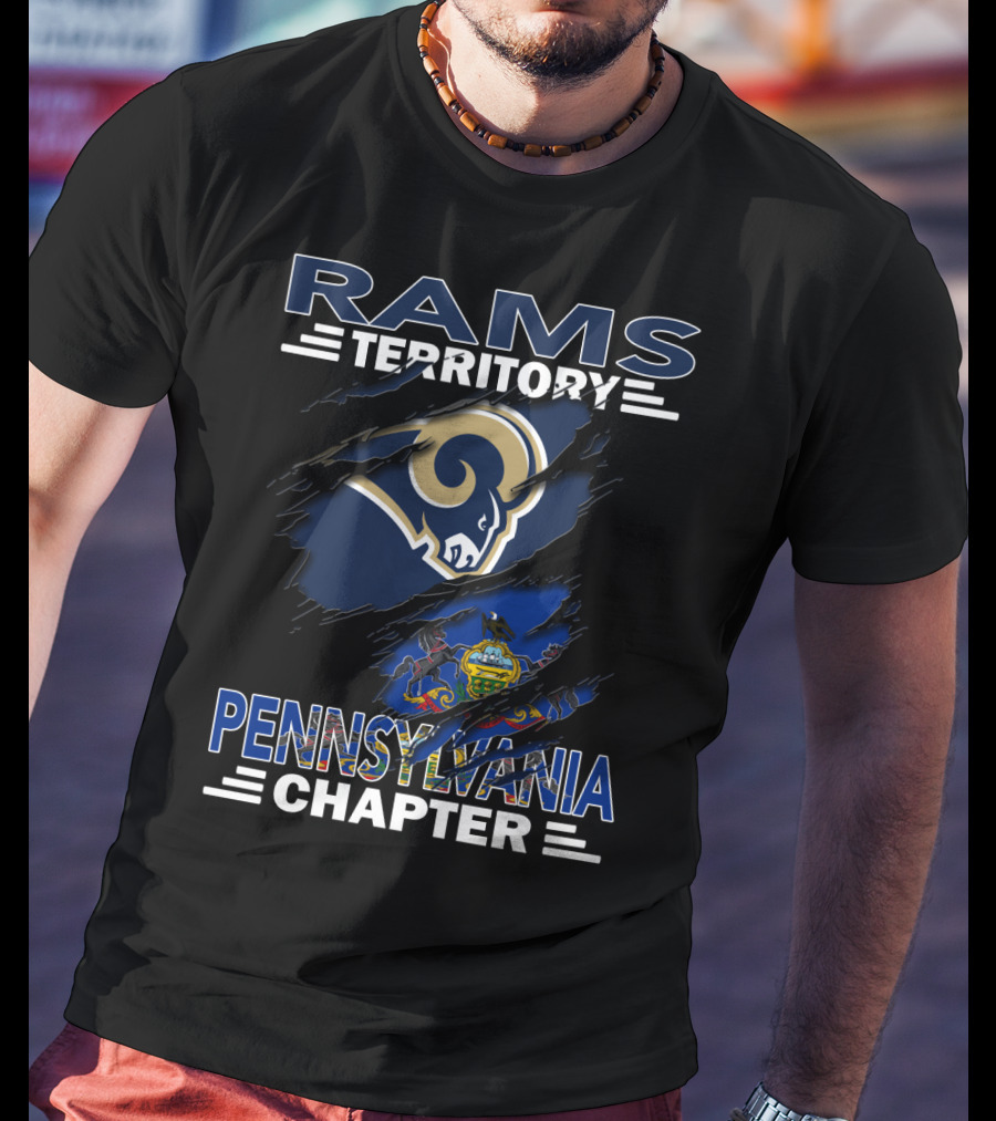 Rams Territory Pennsylvania Chapter With Blue And White Ram Logo And Pennsylvania State Flag Background T-Shirt
