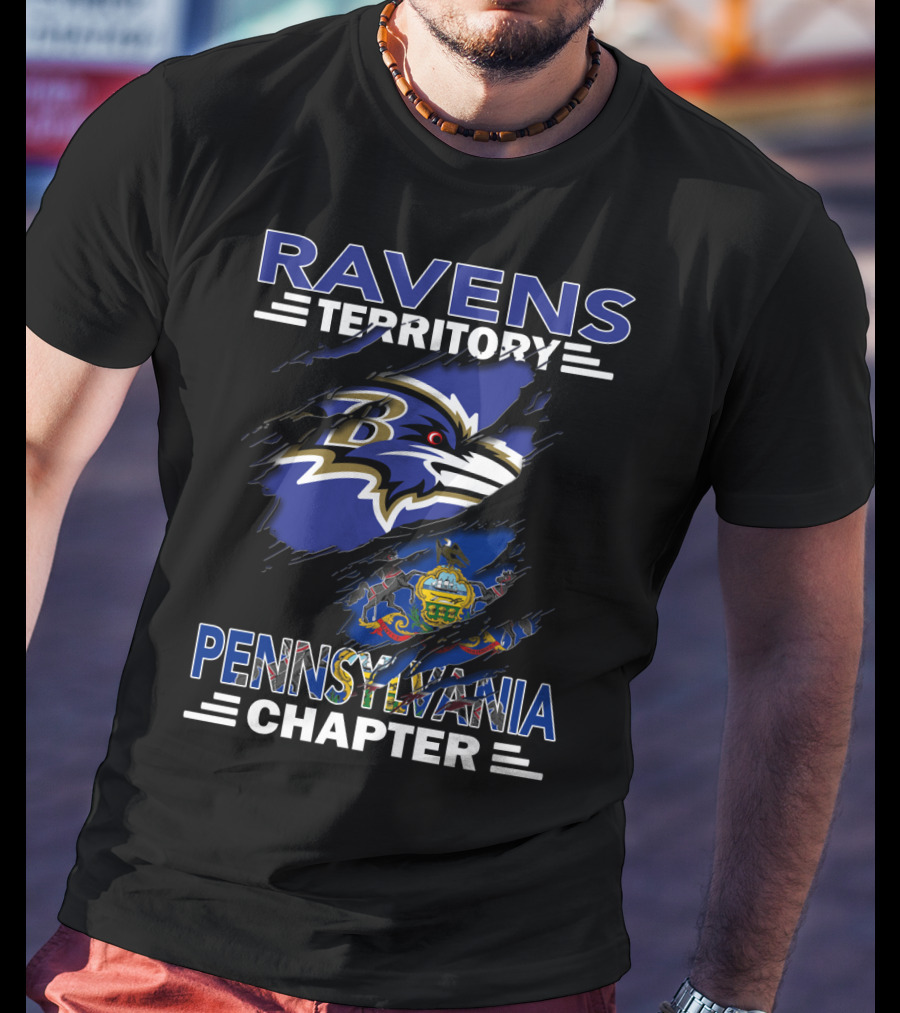 Ravens Territory Pennsylvania Chapter Baltimore Football Fan Club With Pennsylvania State Flag And Tattered Effect T-Shirt
