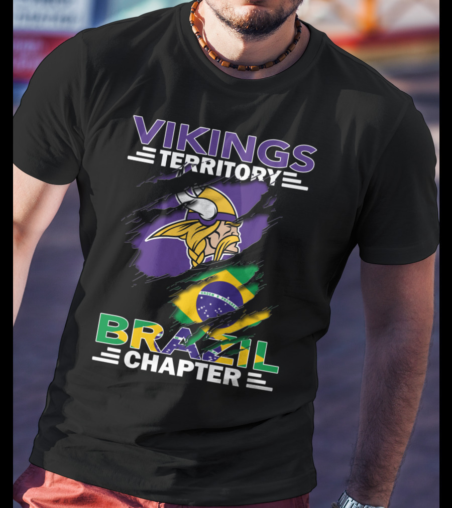 Vikings Territory Brazil Chapter Purple Gold Logo And Brazilian Flag Fusion T-Shirt
