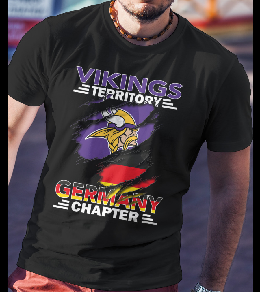 Vikings Territory Germany Chapter Purple And Gold Logo With German Flag Background T-Shirt