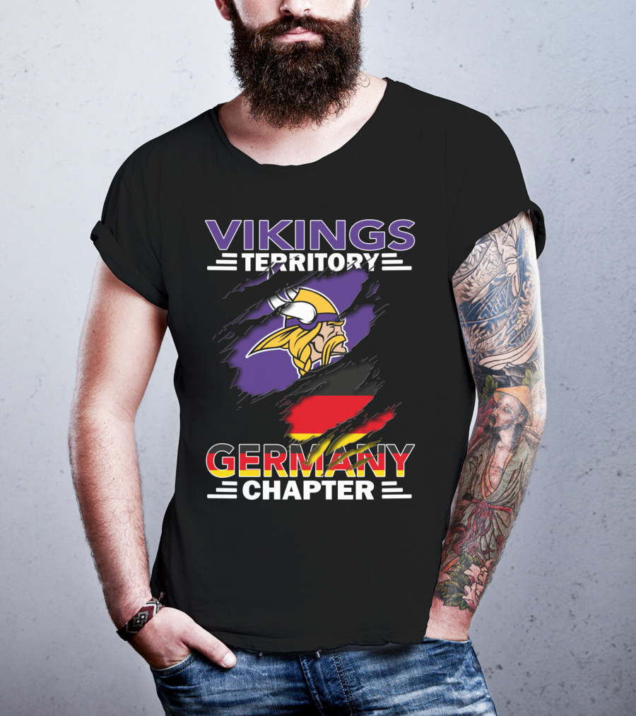 Vikings Territory Germany Chapter Purple And Gold Logo With German Flag Background T-Shirt