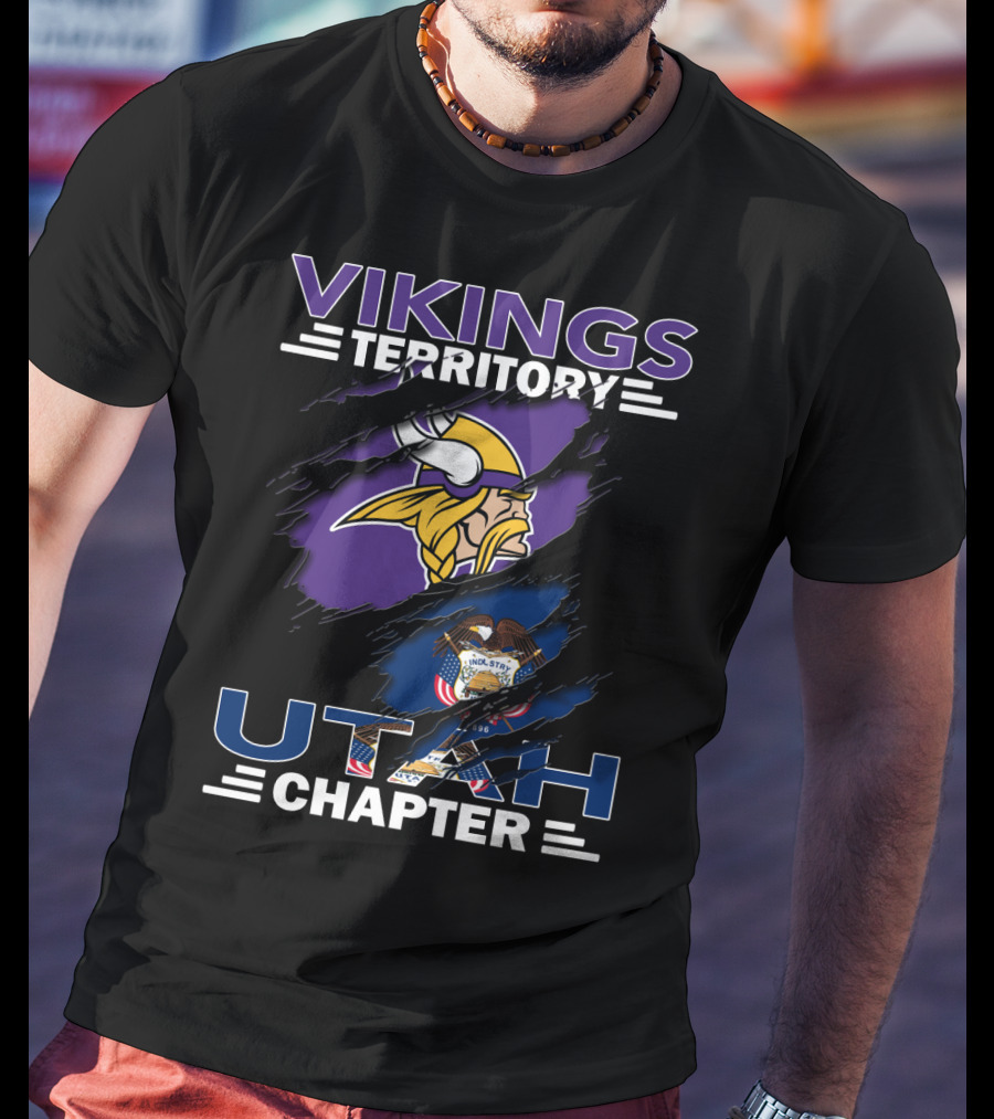 Vikings Territory Utah Chapter Emblem With Viking Helmet And Utah State Flag T-Shirt