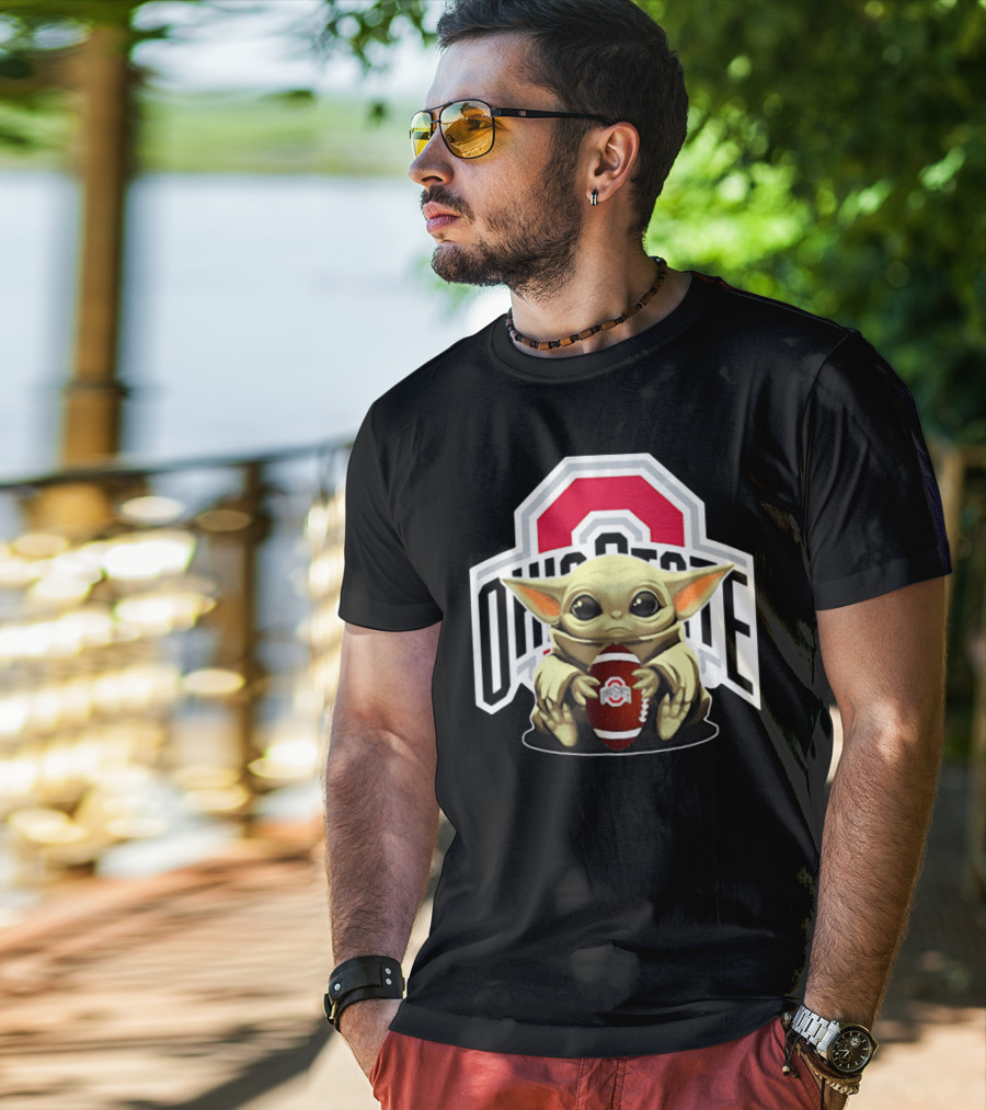 Baby Yoda Holding Ohio State Buckeyes Football T-Shirt