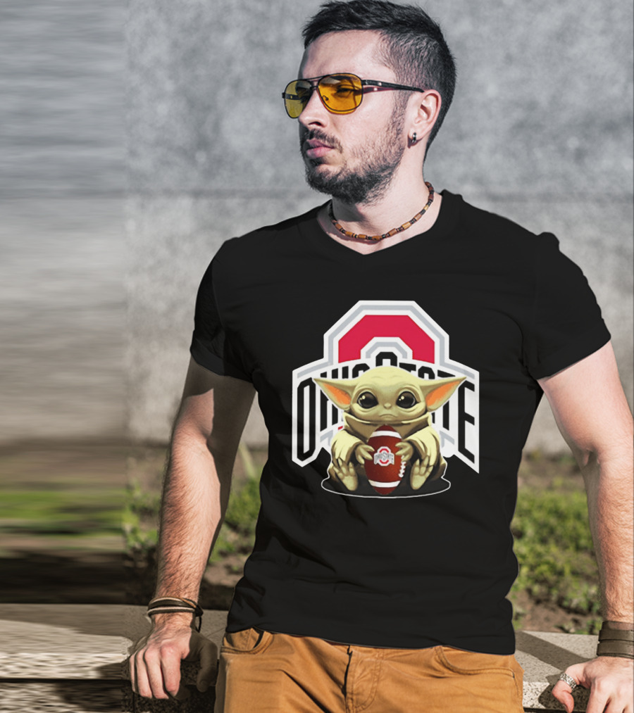 Baby Yoda Holding Ohio State Buckeyes Football T-Shirt