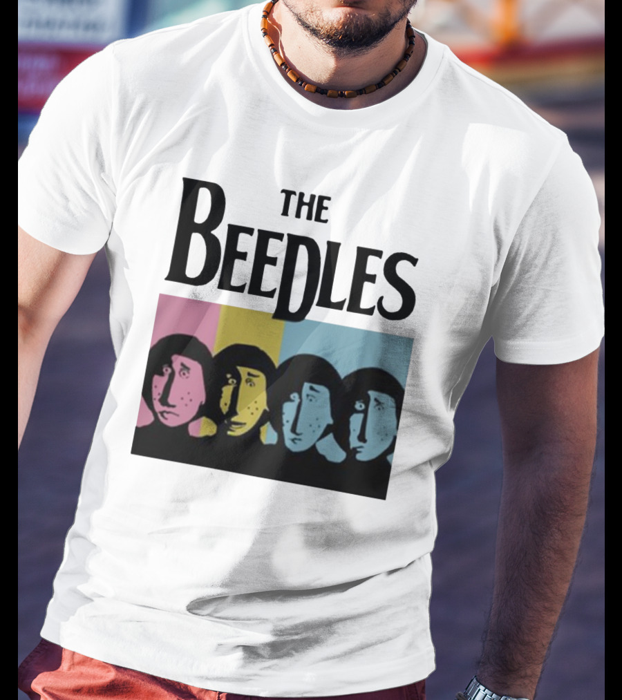 The Beedles Cartoon Pop Art Faces In Pink Yellow Blue T-Shirt