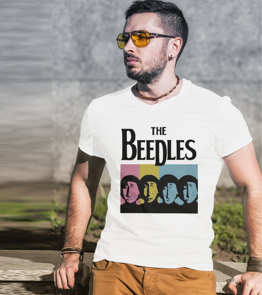 The Beedles Cartoon Pop Art Faces In Pink Yellow Blue T-Shirt
