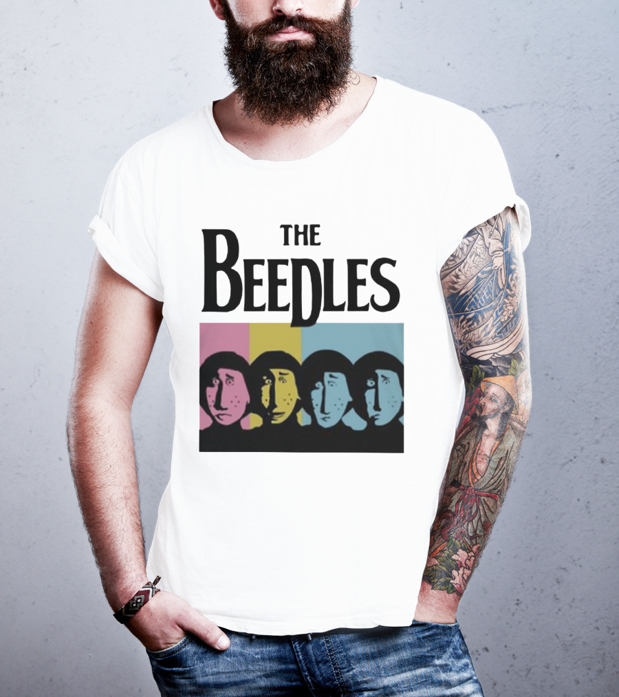 The Beedles Cartoon Pop Art Faces In Pink Yellow Blue T-Shirt