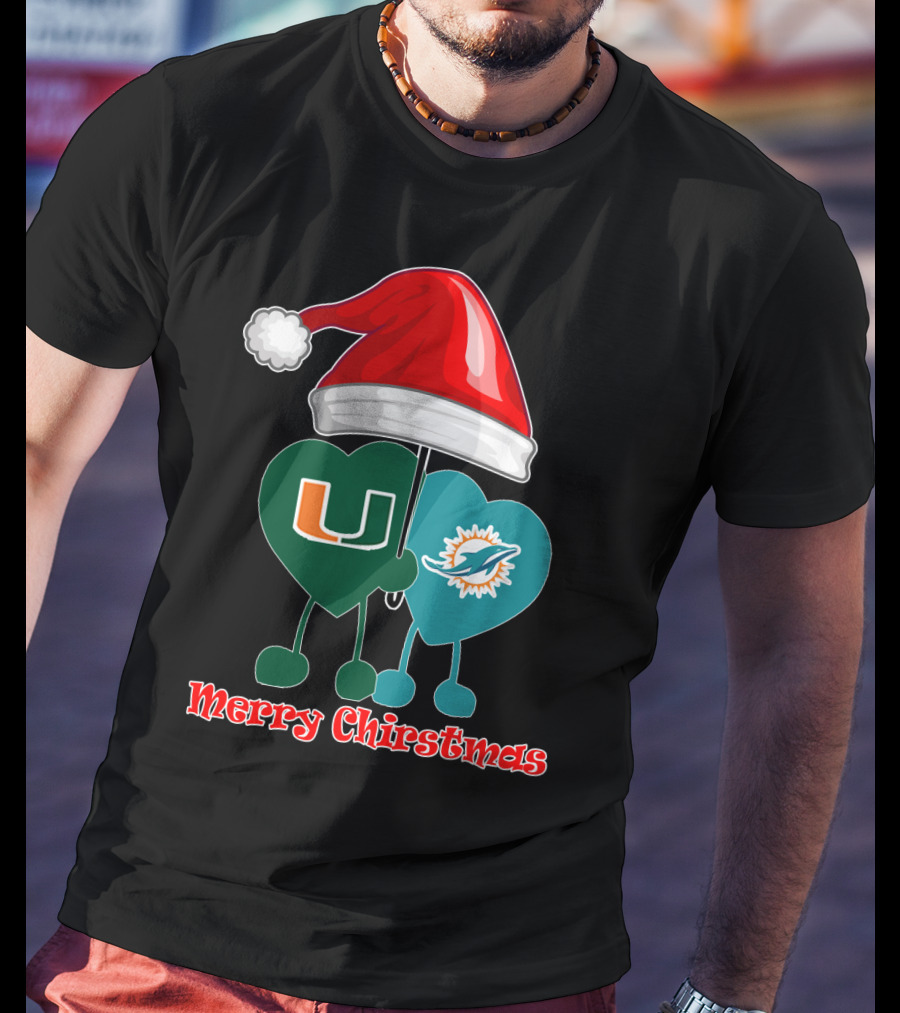 Merry Christmas Miami Dolphins Miami Hurricanes Santa Hat Hearts T-Shirt