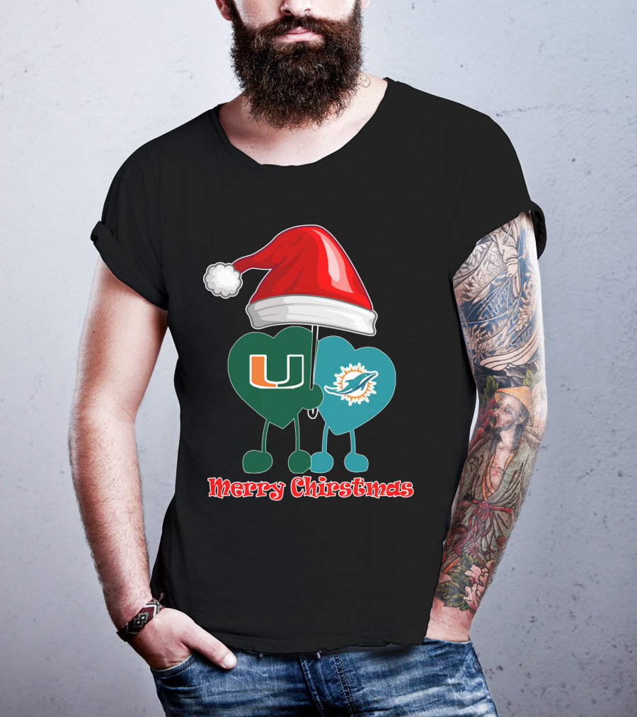 Merry Christmas Miami Dolphins Miami Hurricanes Santa Hat Hearts T-Shirt